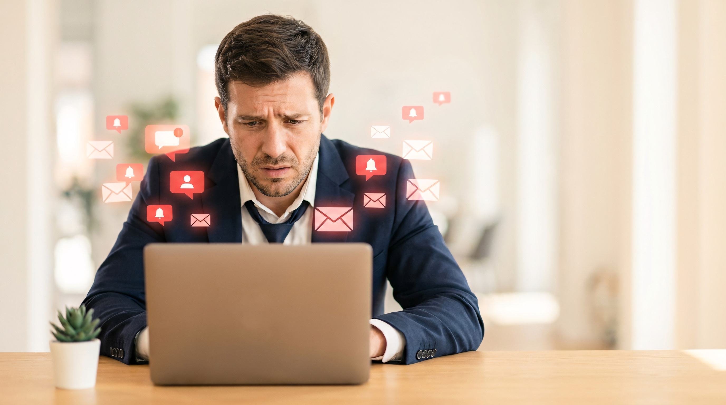 Zestresowany mężczyzna przy komputerze przytłoczony negatywnymi powiadomieniami – jak działa rage bait marketing w social mediach, czyli kontrowersyjna taktyka marketingowa