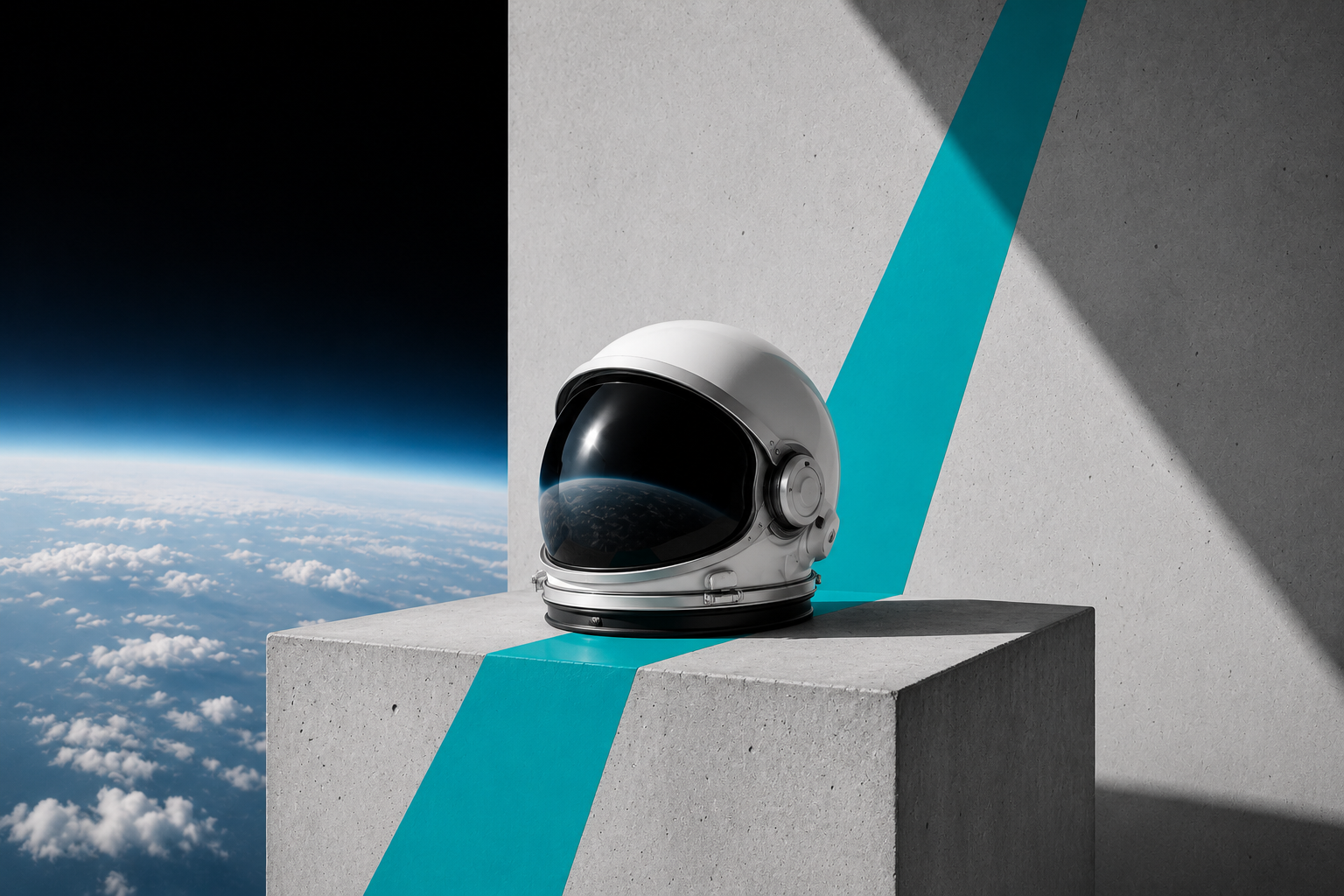 Biały kask astronauty na betonowym podestcie z turkusowym pasem na tle widoku Ziemi z kosmosu.